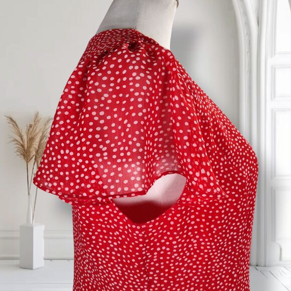 Aqua Button Front Mini Dress Size L Polka Dot Fit Flare Skater Flutter Sleeve - Picture 7 of 14